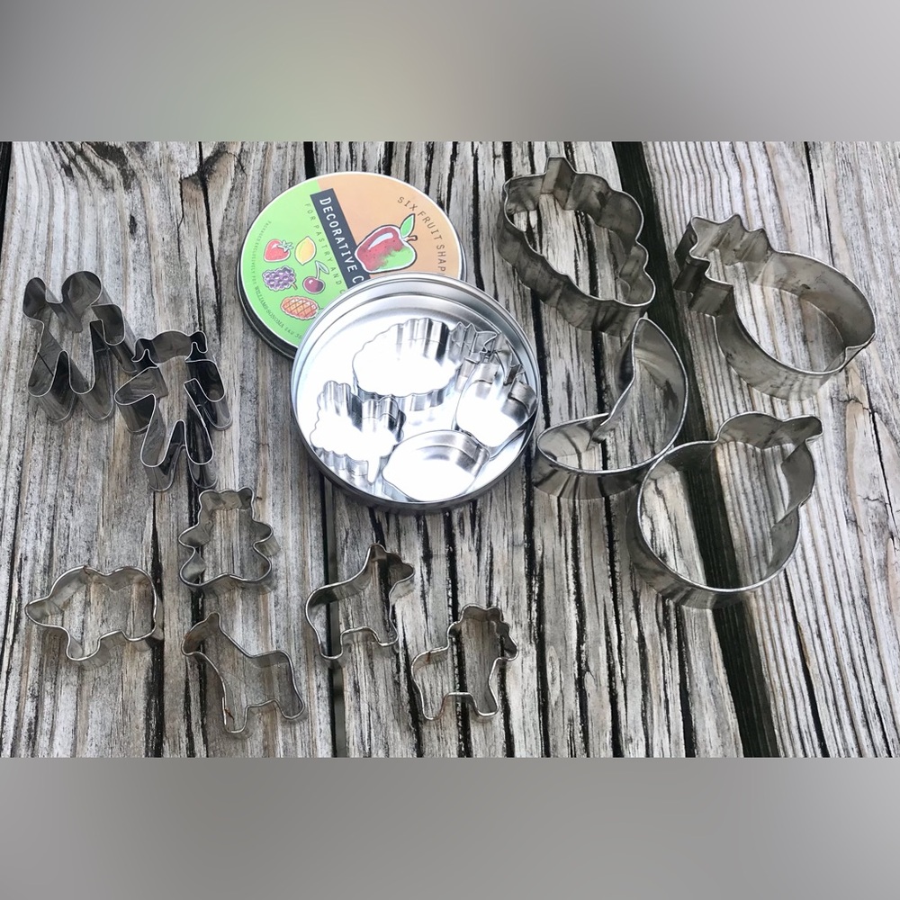 New & Preowned Metal Cookie Cutters Tiny Animals Fruit FRED Boy Girl Cup Cookie
